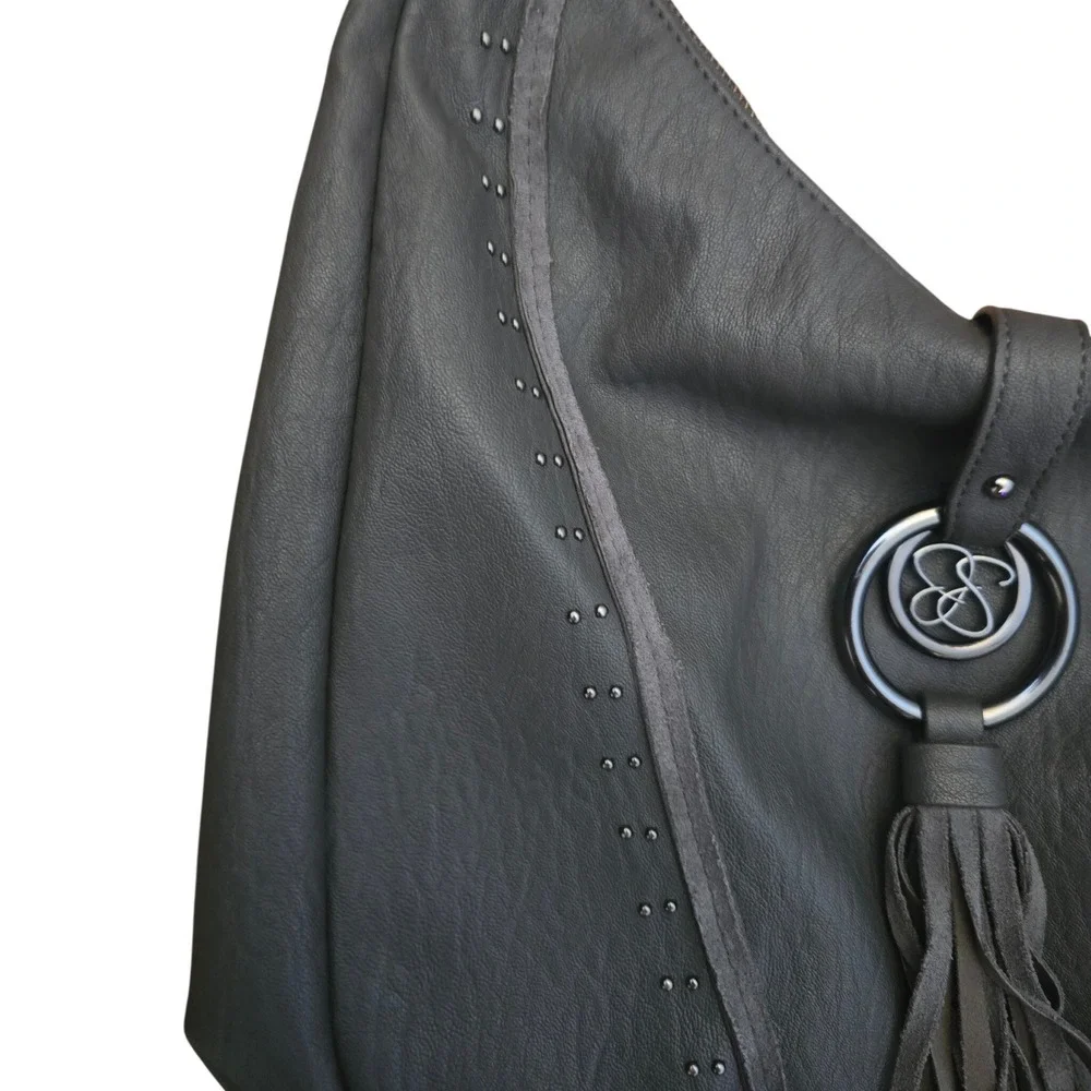 Jessica Simpson Gray Faux Leather Studded Tassel Hobo Bag Leopard Print Lining